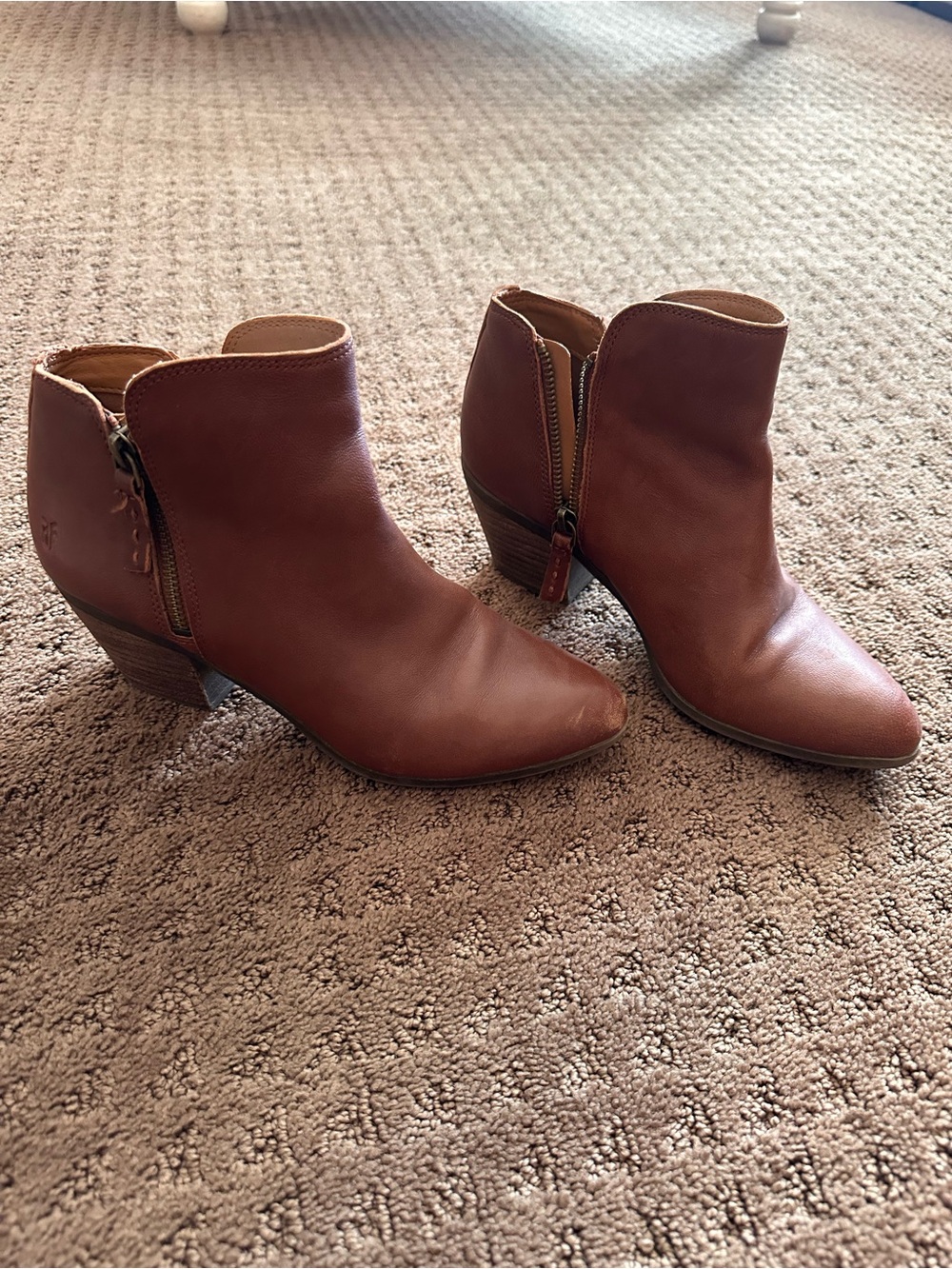 Frye Cognac Leather Ankle Booties with Side Zip